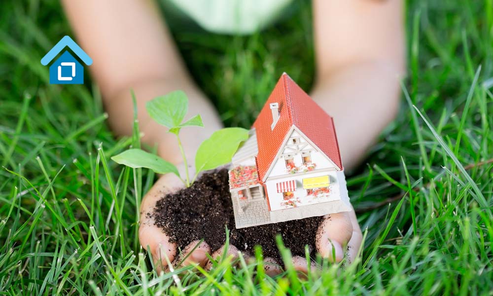 Child holding house and tree in hands against spring green background. Real estate concept