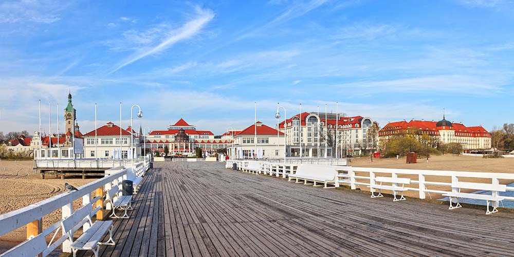 View from the pier on the beautiful architecture of Sopot, Poland.