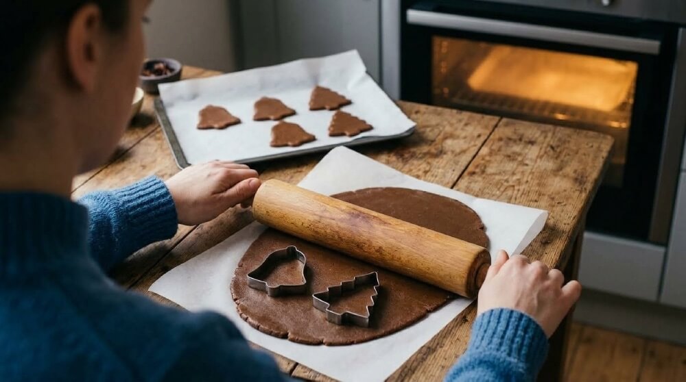 Dłonie w niebieskim swetrze wałkują gładkie, ciemne ciasto gryczane między papierem do pieczenia za pomocą drewnianego wałka. Wycinanie metalowymi foremkami kształtów choinki i dzwonka.