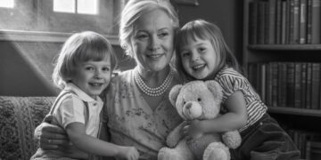 Babcia siedzi na kanapie z 2 wnuków