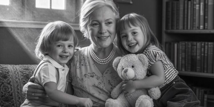 Babcia siedzi na kanapie z 2 wnuków