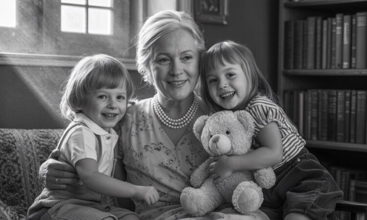 Babcia siedzi na kanapie z 2 wnuków