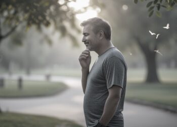 Mężczyzna zadowolony w parku - grafika wiodąca do artykułu jak obniżyć poziom kortyzolu