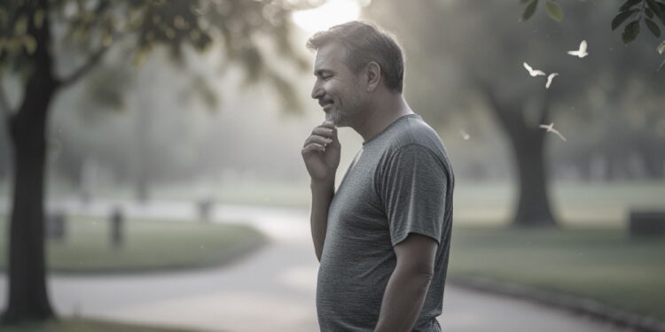 Mężczyzna zadowolony w parku - grafika wiodąca do artykułu jak obniżyć poziom kortyzolu