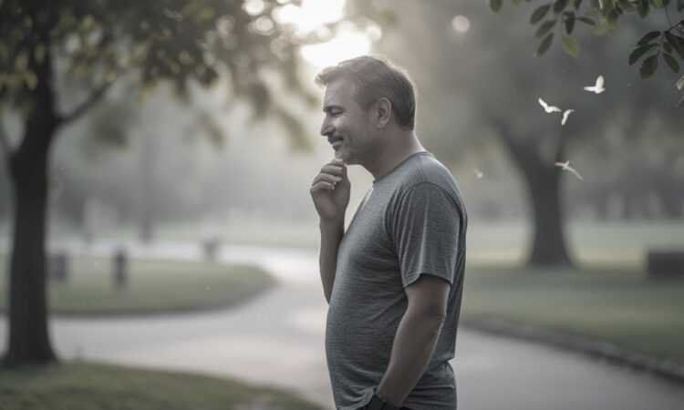 Mężczyzna zadowolony w parku - grafika wiodąca do artykułu jak obniżyć poziom kortyzolu