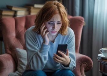 Kobieta patrząca na smartfon, grafika dla artykułu jak manifestować żeby ktoś do mnie napisał