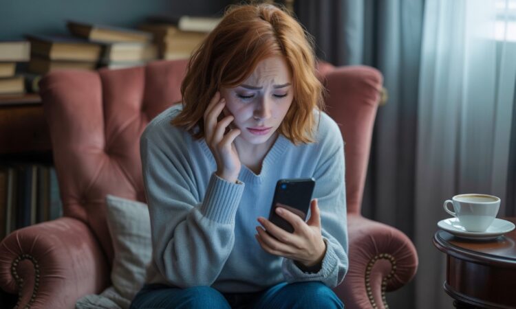 Kobieta patrząca na smartfon, grafika dla artykułu jak manifestować żeby ktoś do mnie napisał