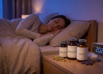 kobieta śpi w łóżku, obok niej na stoliku rozłożone najlepsze suplementy na sen