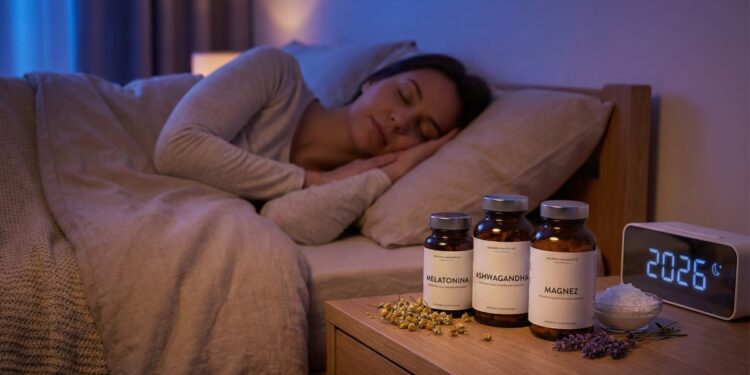 kobieta śpi w łóżku, obok niej na stoliku rozłożone najlepsze suplementy na sen