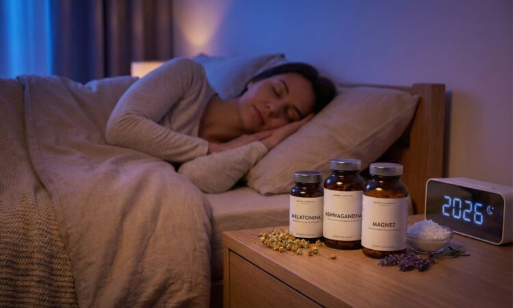 kobieta śpi w łóżku, obok niej na stoliku rozłożone najlepsze suplementy na sen