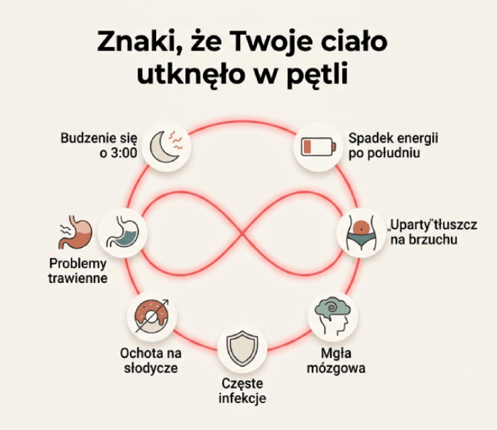 Infografika: znaki, że ciało utknęło w pętli kortyzol a jelita