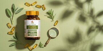 My Herbs opinie (Bio Herbs) - opakowanie B Complex od Bio Herbs leży na stole koło lupy oraz kapsułek