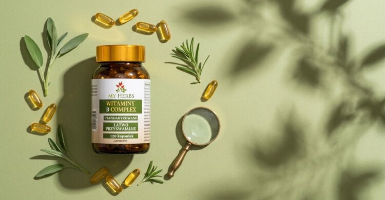 My Herbs opinie (Bio Herbs) - opakowanie B Complex od Bio Herbs leży na stole koło lupy oraz kapsułek
